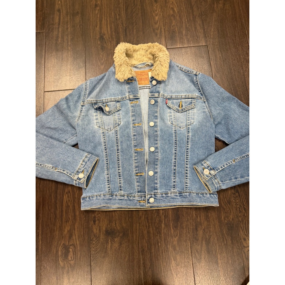 90s Levi's Sherpa Lined Denim Trucker Jacket -‎ Light Wash - Size Small